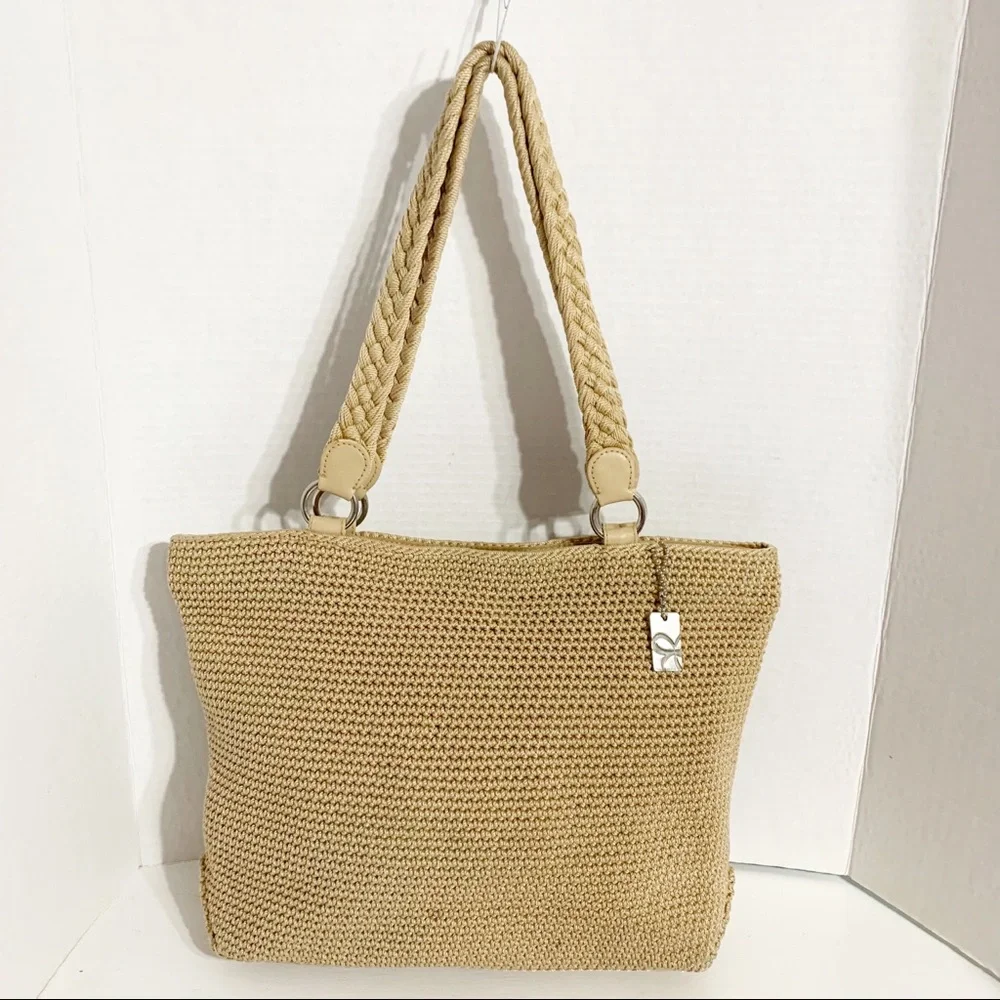 Lina Crocheted Shoulder Bag Braided Double Handles Solid Lining Zipped Closure